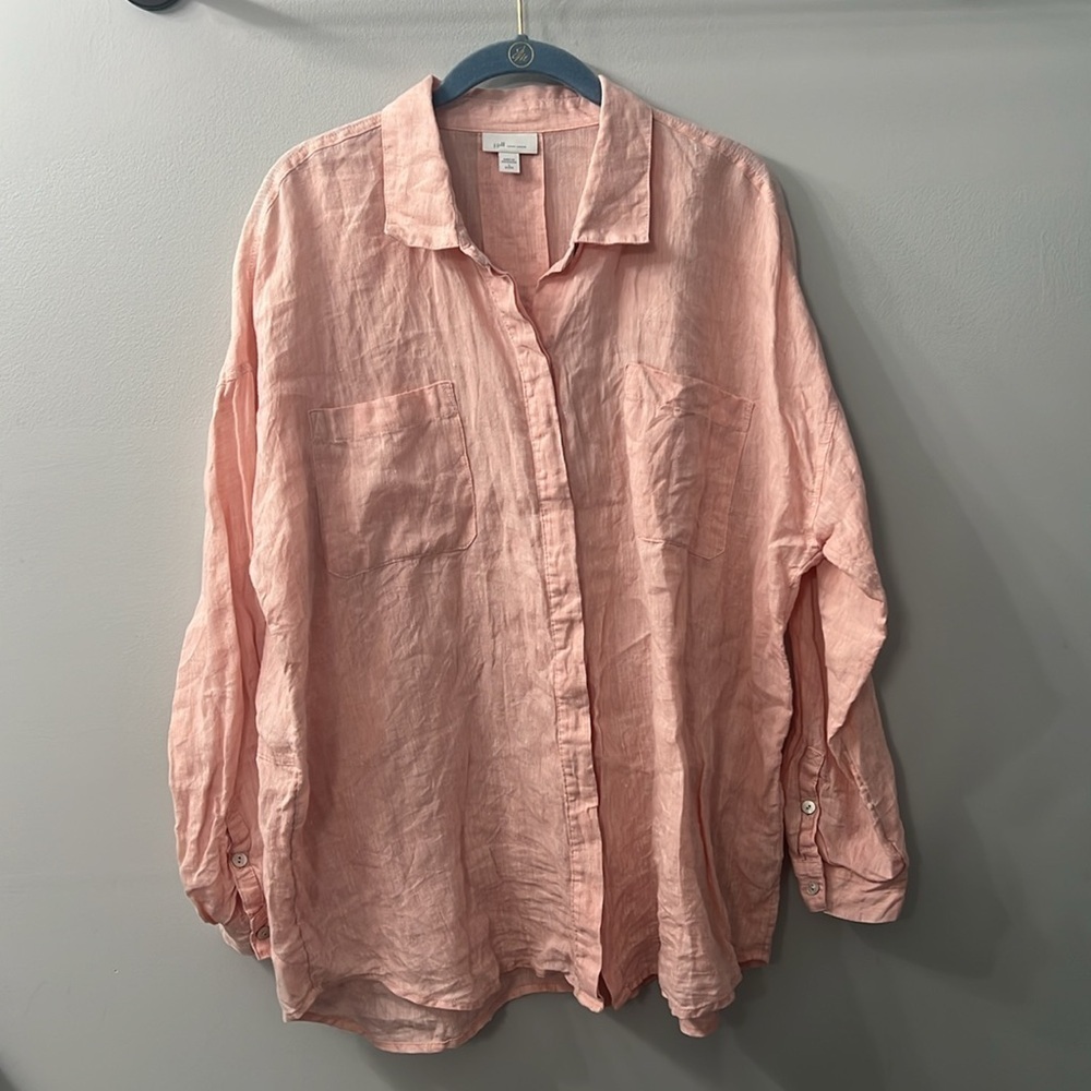 J. Jill Pink Love Linen Button Down Blouse Petite Large